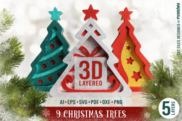 Christmas Trees 3D Layered SVG Cut Files for Laser Cutting in Winter Christmas Branding